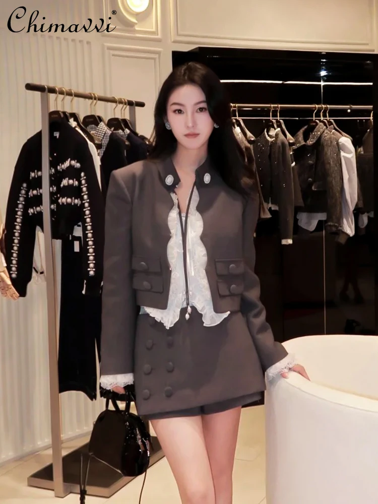 

Grey Lace Edge Skirts Sets Women's Spring New French Fashion Long-sleeved Short Jacket and Culottes Temperament Two-piece Suit