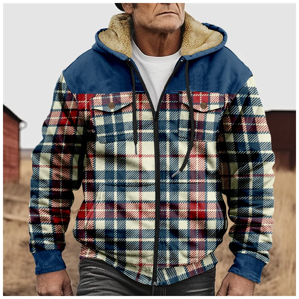 Men's Fleece Zipper Hoodies Graphic Prints Plaid Pattern Parkas Vintage Long Sleeve Coat Jacket Winter For Men/Women Outerwear