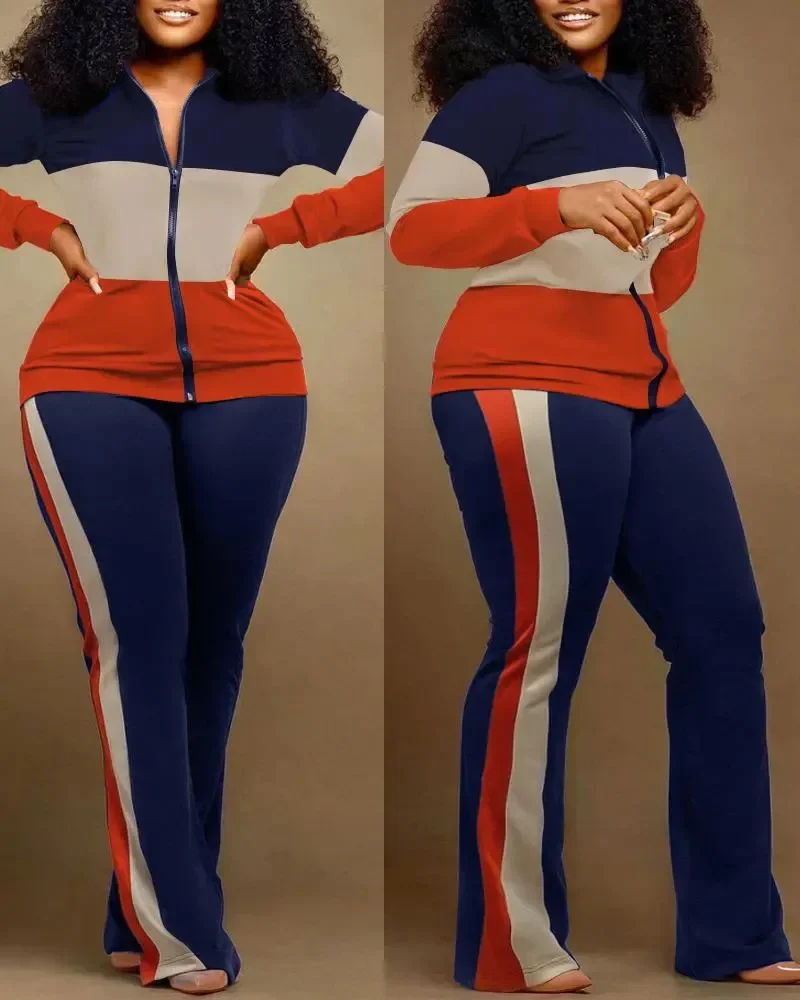 CPSYMYM ツーピースセット女性衣装秋デニムルックプリントジッパーデザインスタンドカラー長袖トップ & カジュアルパンツセット