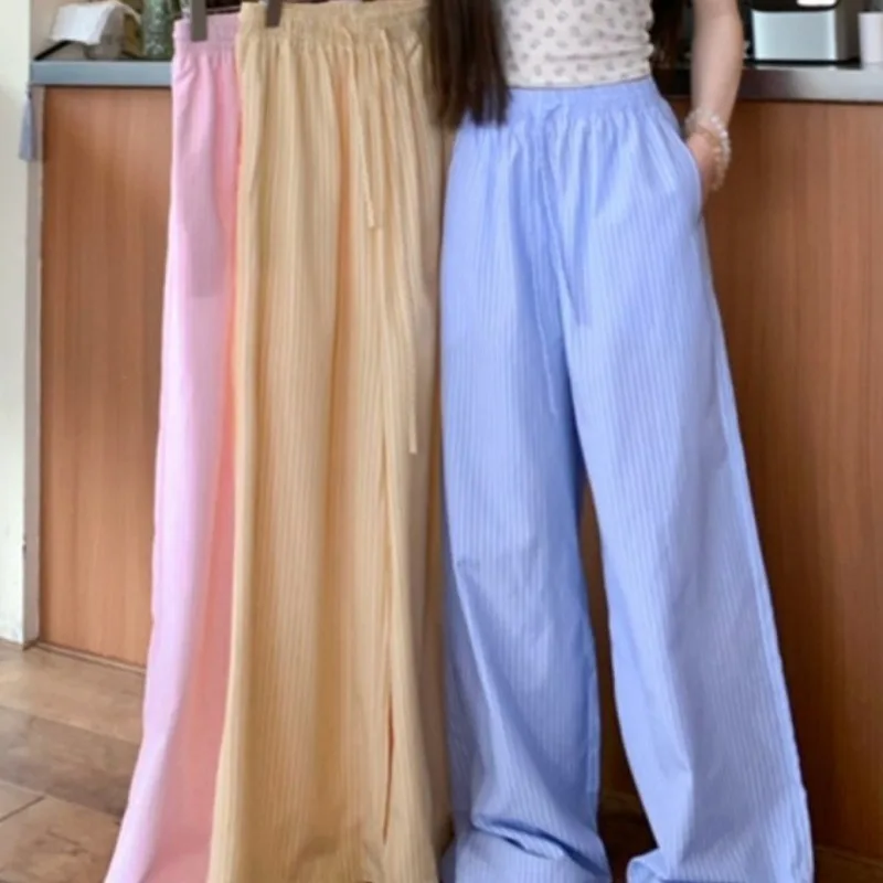 Trousers Women's Blue Wide Leg Pants with Vertical Stripes Autumn Straight Loose Casual Mopping Pants