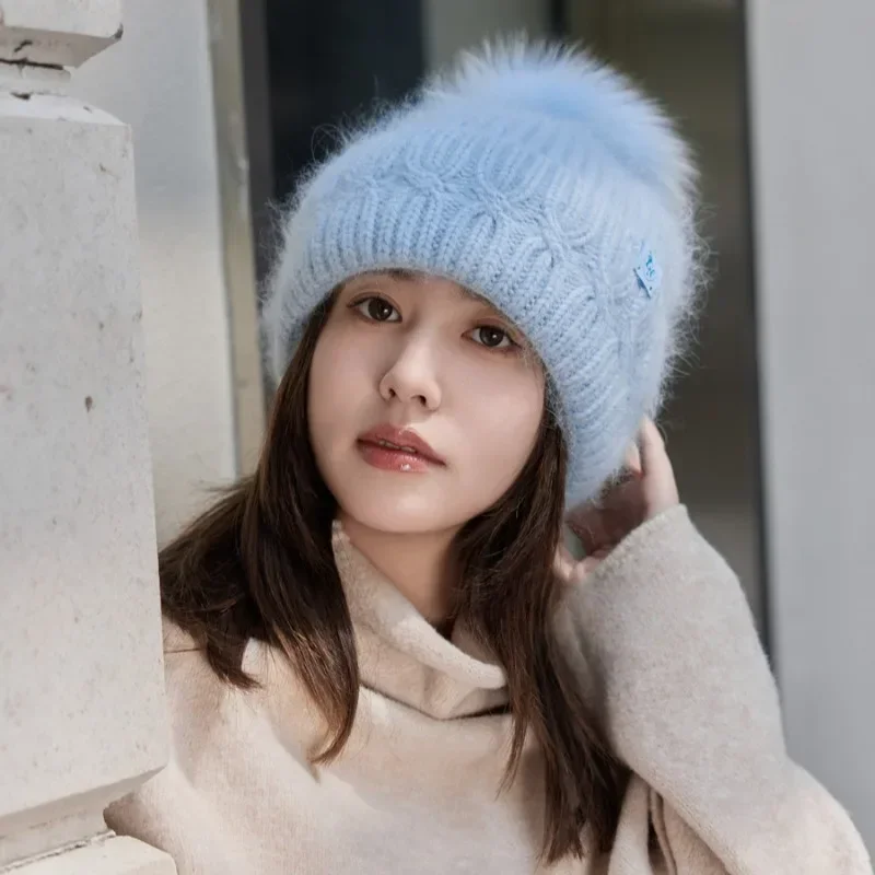 Natural Fox Fur Pompom Hat Winter Rabbit Fur Twist Knitted Hat Female Autumn Warm Wool Beanies Hat Pom Pom Hats Iceland Travel