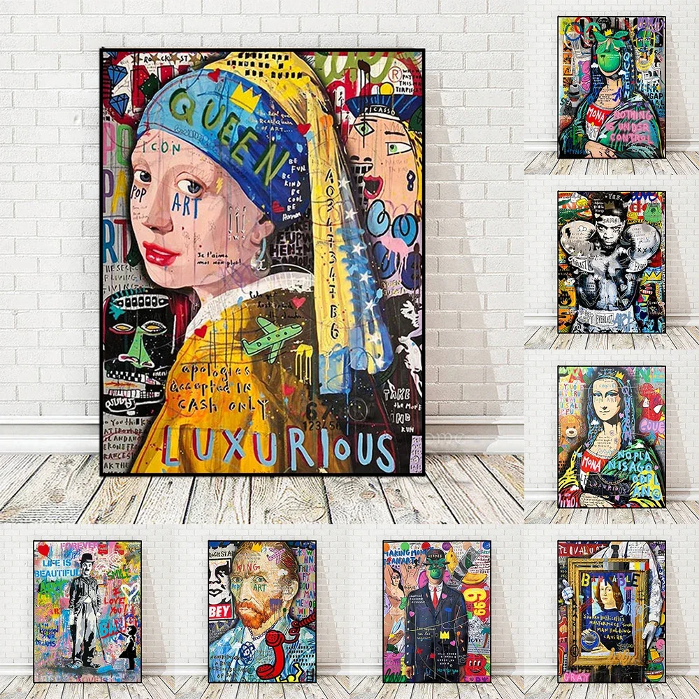 Póster Artístico de pared de chica perla con grafiti de Pop Street, Mural abstracto de Mona Lisa, cuadro decorativo moderno para el hogar, pintura en lienzo impresa