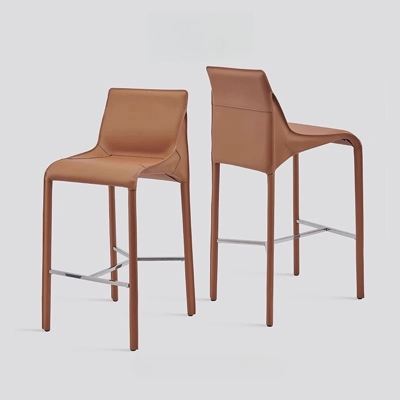 Italian Bar Stool Minimalist Saddle Leather Dining Chair Backrest High Stool for Home Island