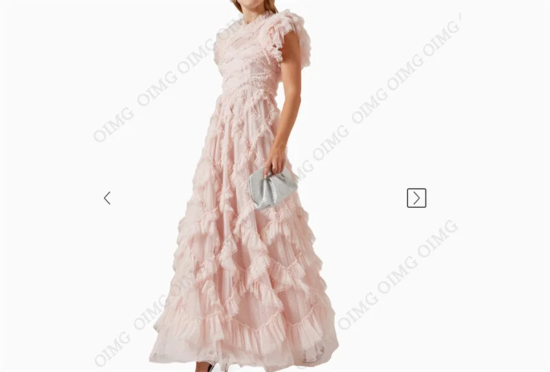 OIMG Pink Dottes Tulle A Line Long Evening Dresses Tiered Ankle length A Line Cape Sleeves Prom Gowns Wedding Party Dress