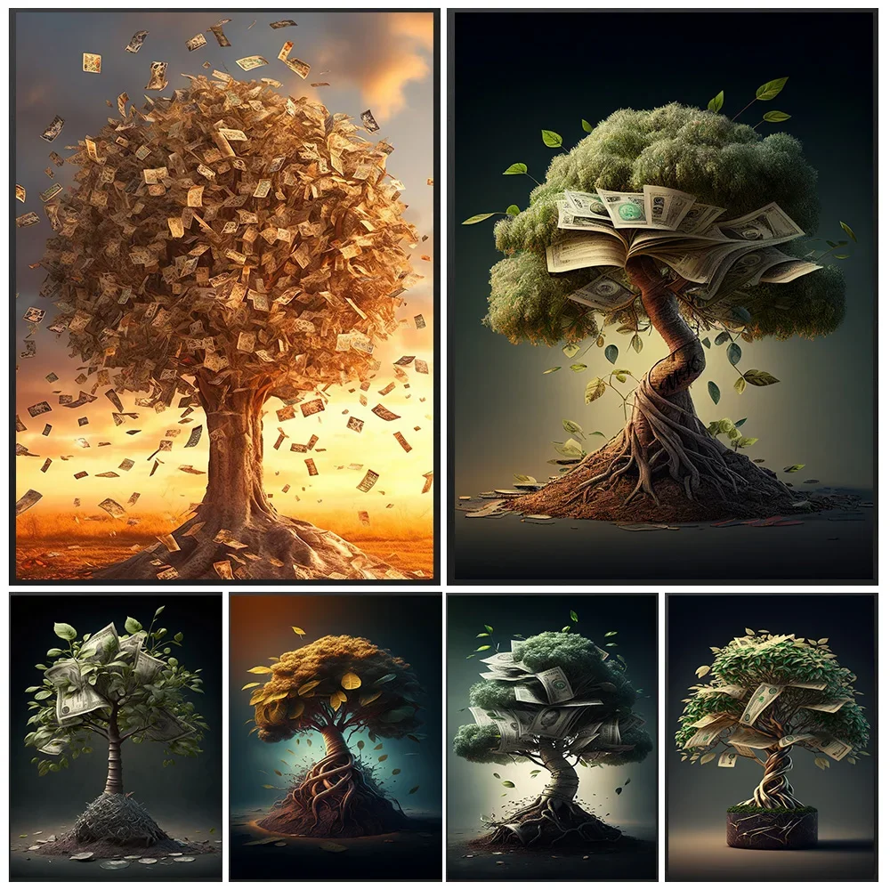 2026 Abstract Fantasy Dollar Gold Money Tree Wall Art Canvas Painting  Modern Poster Print for Living Room Office Home Decor 