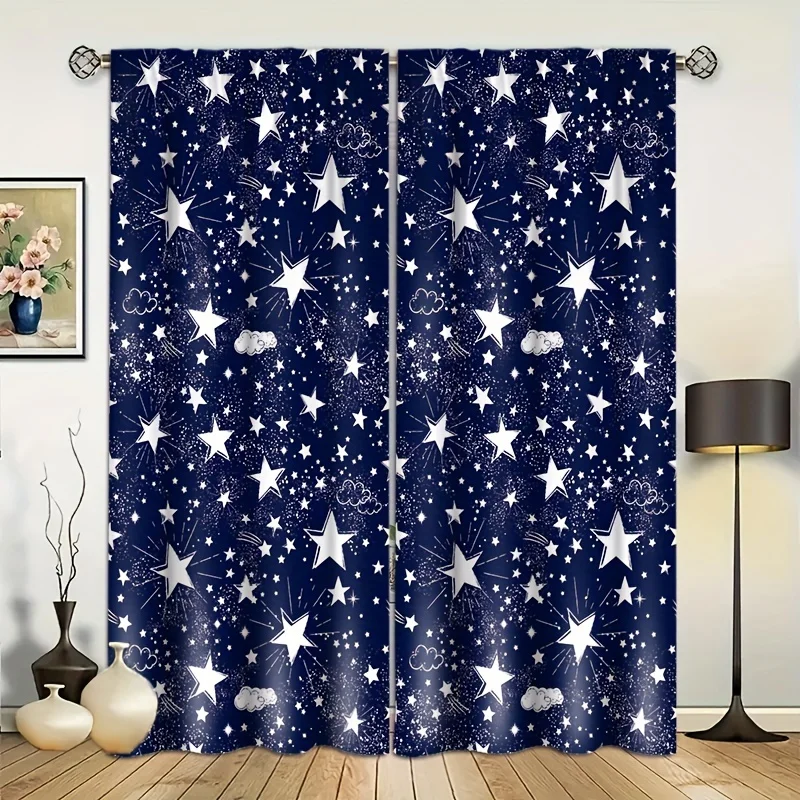 2pcs Space Galaxy Constellation Printed Curtain Semi-Blackout Privacy Window Drapes Set Rod Pocket Window Treatments For Bedroom