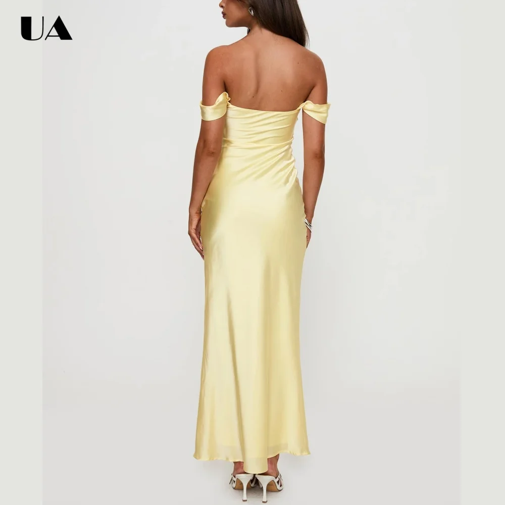 ULBYANRY Elegant Off-the-shoulder Prom Dress for Woman, Fashionable Solid Satin Evening Dress, Customized Slash Neck Party Dress