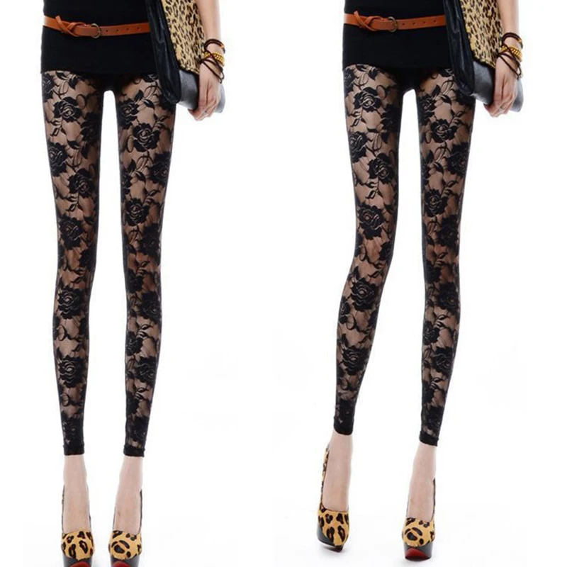 

Summer Thin Sheer Rose Jacquard Women's Lace Leggings Mesh Goth Punk Hottie Sexy Gauze Cropped Pants Wholesale