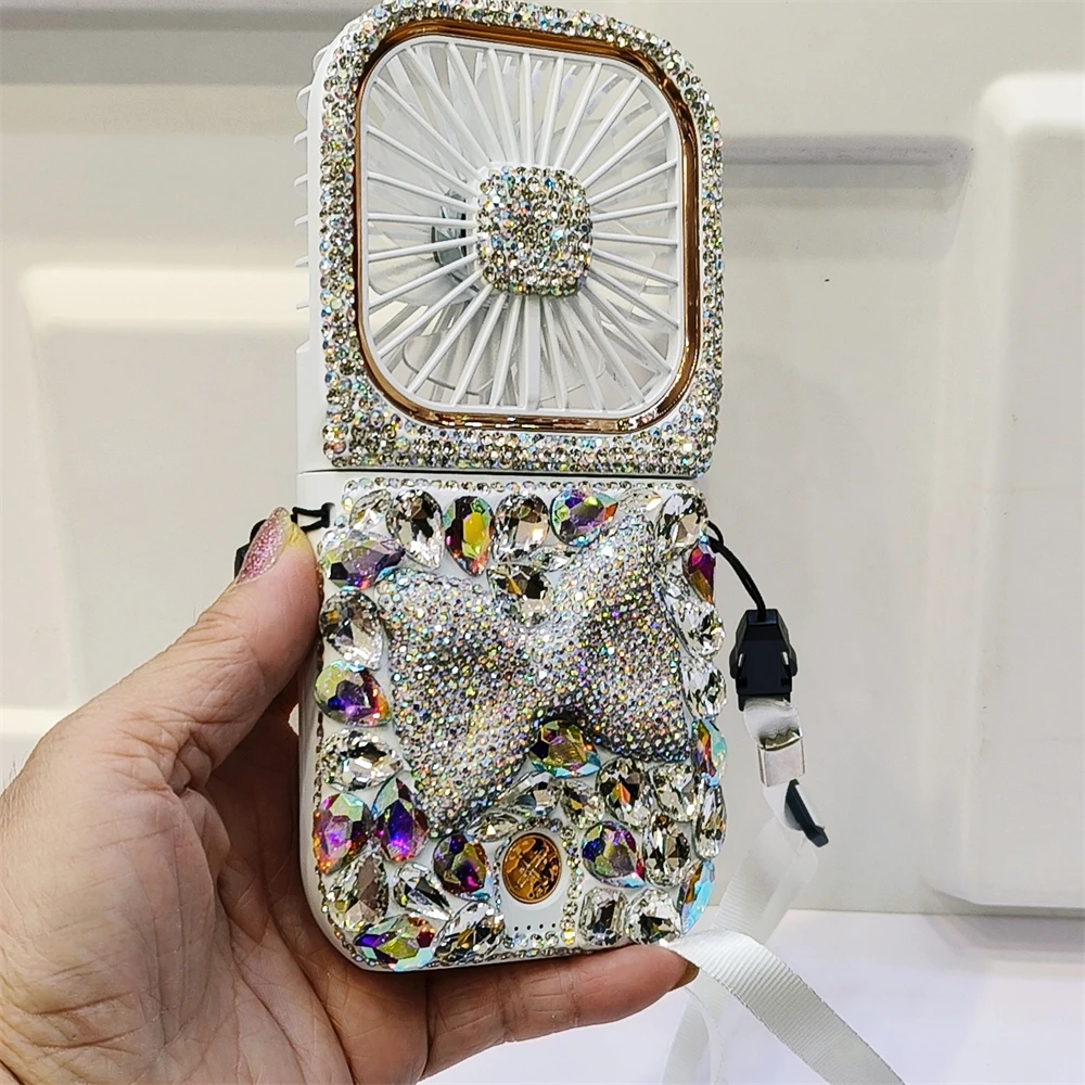 

Mini USB Folding Portable Handheld Fan with Rhinestones Handheld Desktop Stand for Students Office Universal Cooling Small Fan