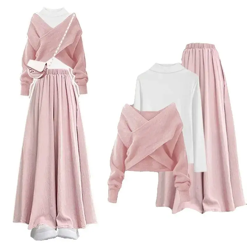 

2025 Autumn Winter Women's Set Dopamine Wear Sweater Bottoming Shirt Loose Wide Leg Pants Skirt Three-piece Suit