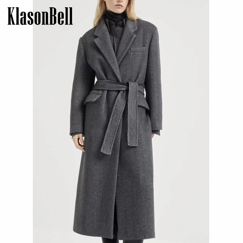 9.24 KlasonBell Women\'s Autumn Winter New Bead Chain Herringbone Wool Long Coat Hidden Breasted With Belt Back Split Outerwear