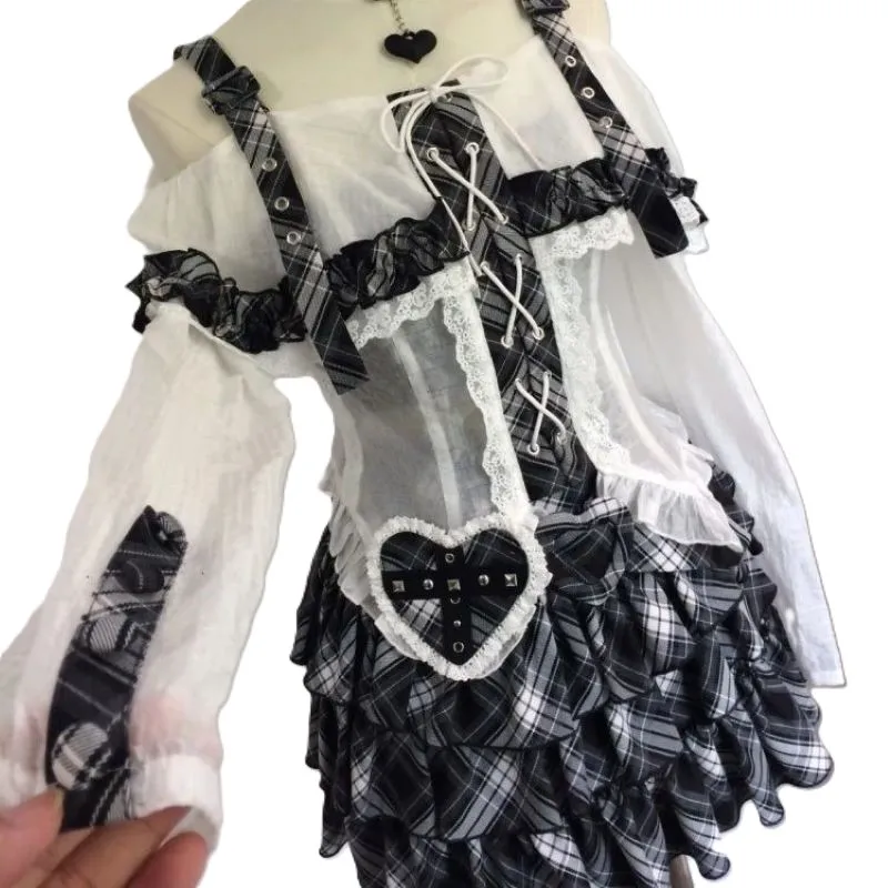 Sweet Gothic Lolita Girls Off Shoulder Patchwork Top Puff Skirt Two Piece Outfits Women's Harajuku Y2k Bow Lace Ruffles Set