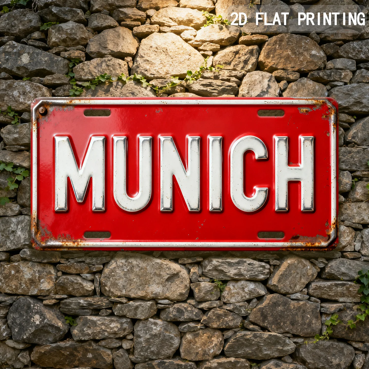 Letrero Decorativo de Pared de Aluminio Estilo Matrícula Roja Alemana Vintage 'MUNICH' para Decoración de Viajes a Baviera, Garaje, Bar, o Cueva del Hombre, 2D
