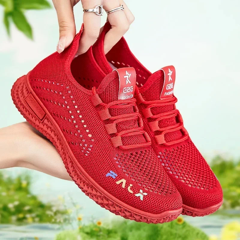 2024 Spring/Summer New Single Shoes Women's Soft soled Breathable Casual Sports Shoes Mesh Lace Fashion Women's Shoes