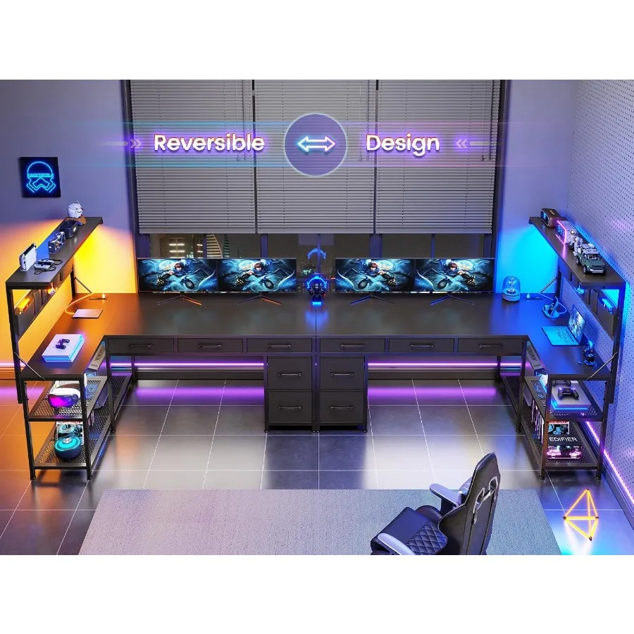 مكتب ألعاب على شكل حرف L مع 5 أدراج وأرفف تخزين مكتب كمبيوتر قابل للعكس مع رف كتب للمكتب المنزلي على شكل حرف L