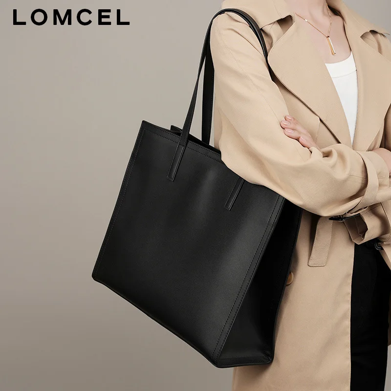 LOMCEL 114 New limited-edition tote bag for women, genuine leather, large capacity, briefcase-style, computer bag, black leather