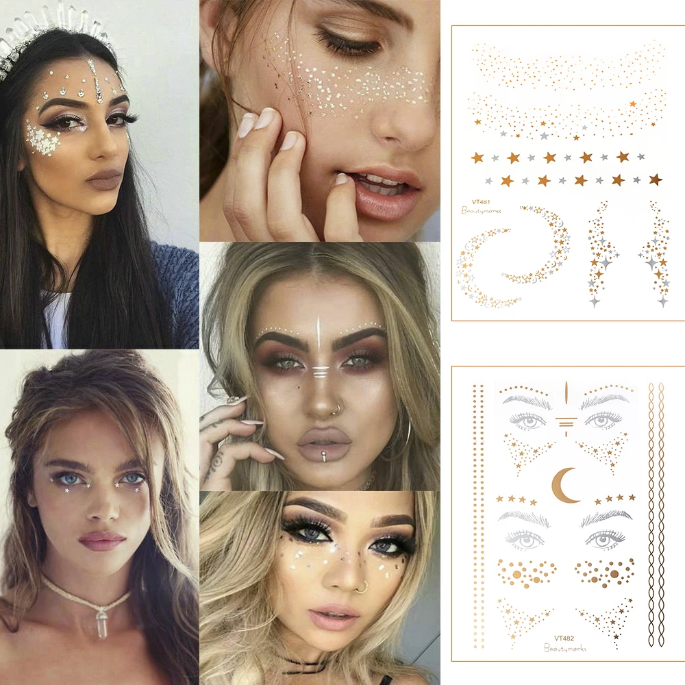 New Flash Face Tattoo Sticker Diamond Eye Makeup Waterproof Stars Choker Pattern Freckles Gold Eye Decals Bride Tribe Girl Party