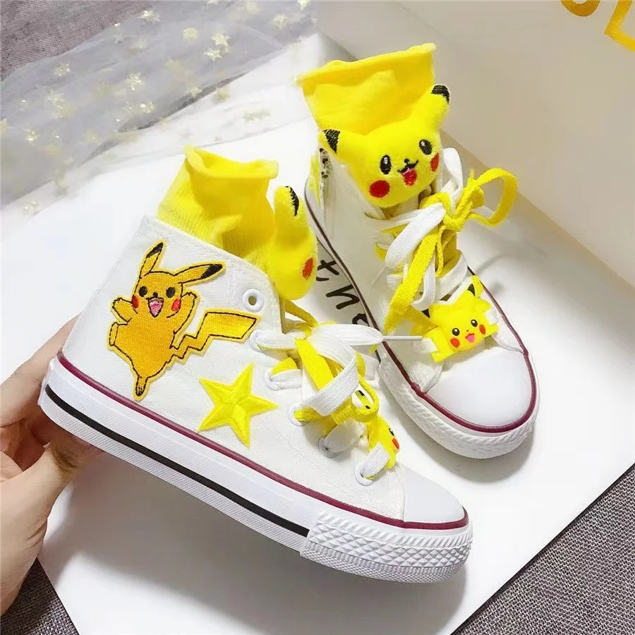 Spring Autumn New Pikachu branded High Top Canvas Shoes Parent Child Shoes Small Large Children\'s Korean Embroidered Board Shoes