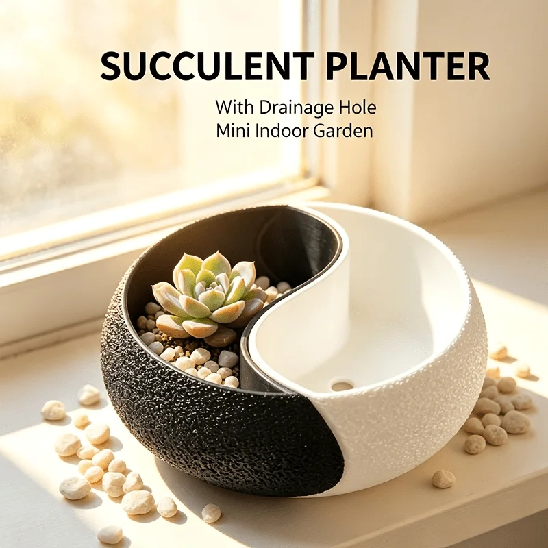 Yin Yang Shape Succulent Planter Pot Black White Split Resin Flower Pot Dual Compartment Desktop Bonsai Planter Home Tabletop