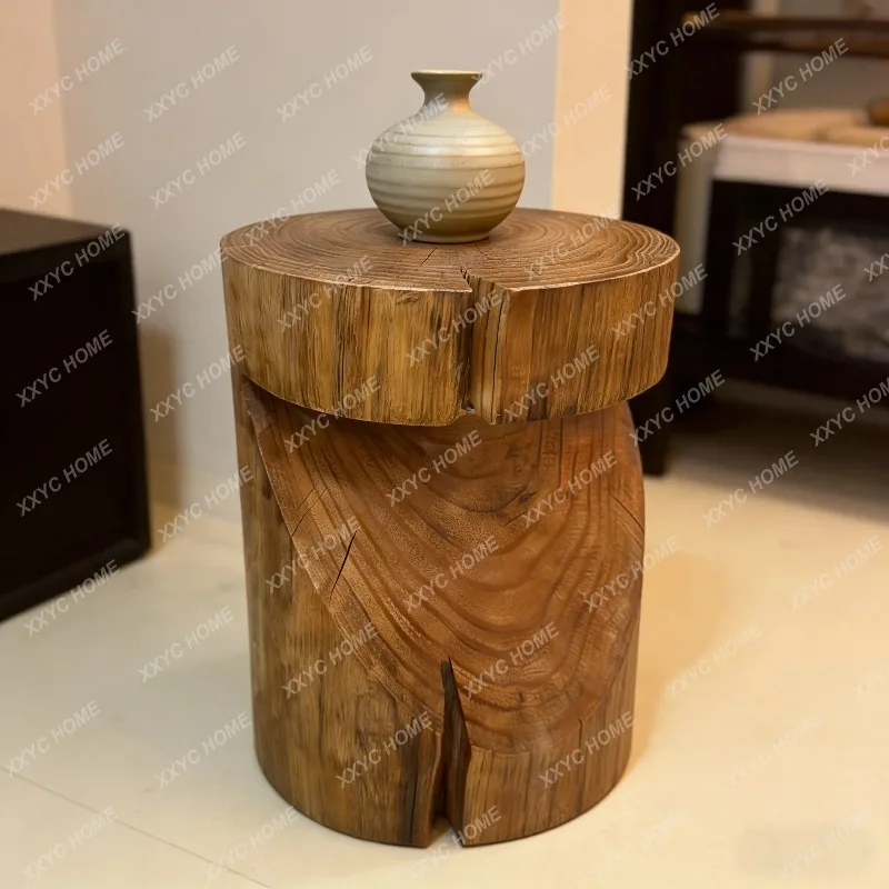 XX Retro Distressed Log Stool  Solid Wood Side Table Homestay Display Base Vintage Low Stool Bedside Coffee Table
