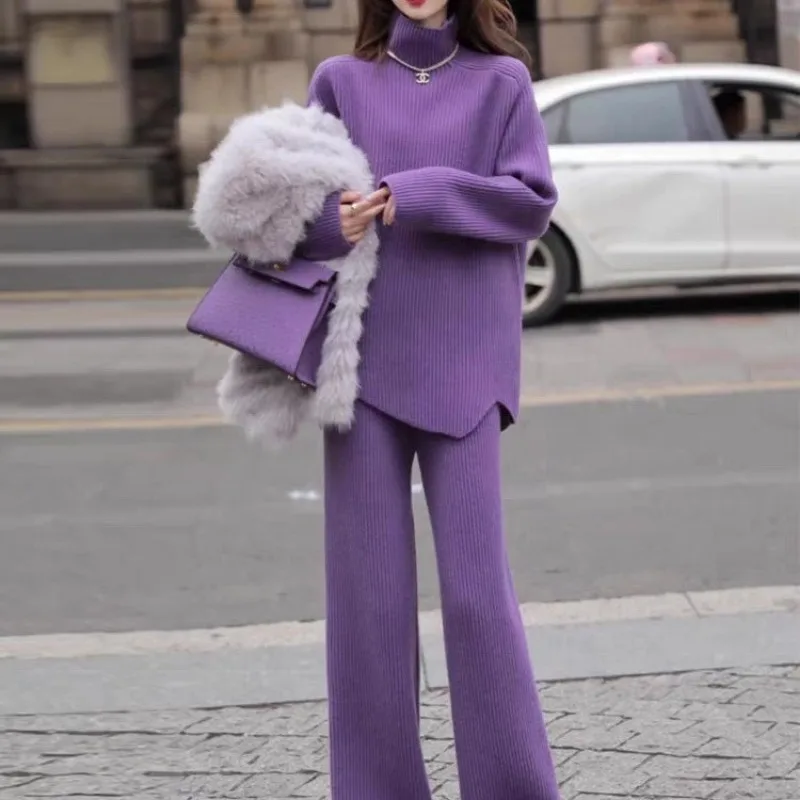 Women Elegant Purple Knit Sweater And Wide Leg Pants Two Piece Temperament Casual Autumn Winter Pant Sets