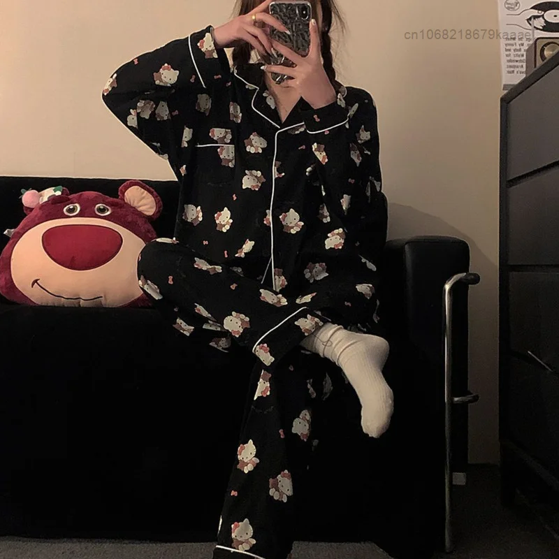 Sanrio Hello Kitty Long Sleeve Top Shirts Trousers 2 Piece Set Women Fashion Home Clothes Cute Pajamas Y2k Black Sleepwear Suit