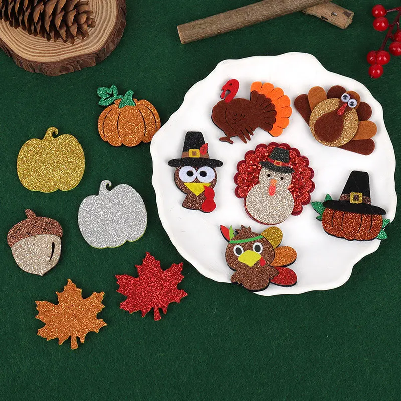200 Stück Thanksgiving DIY Handgemachtes Zubehör-Set Truthahn Kürbis Ahornblatt Kopfschmuck Dekorationen Kleidung Hut Kühlschrankmagnete Cra – Detail 2
