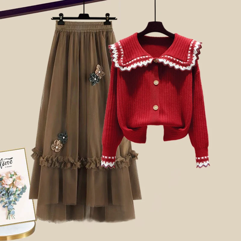 plus Size Winter Profional Outfit Women's Faion Slimming Concealing Two-Piece Set with Sweater And  Skirt