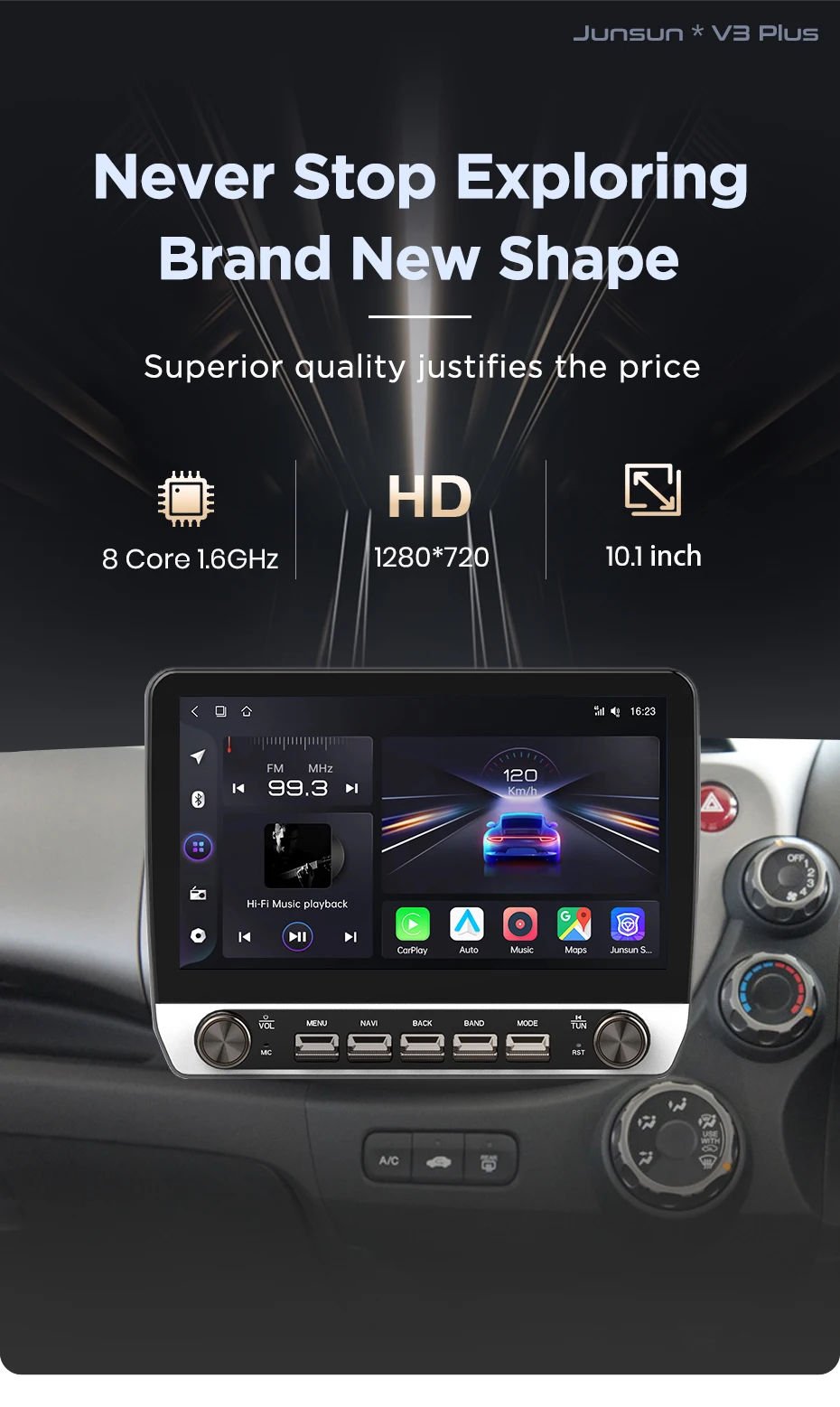 Junsun 10,1-Zoll-Autoradio für HONDA FIT JAZZ 2007-2013, kabelloses CarPlay, Android Auto, intelligente Systeme, IPS-Touchscreen mit physischen Tasten, DSP, GPS-Navigation, WiFi, DAB+, RDS, FM/RAM, BT, SWC, Plug-and-Play, 2DIN-Multimedia-Player – Detail 4
