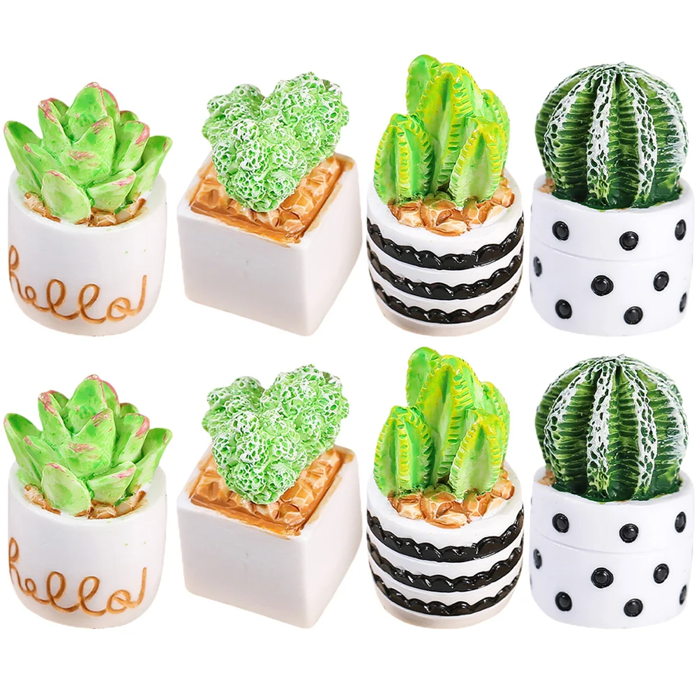 8 Pcs Artificial Cactus Tiny Resin Figurines Plant Pots Tabletop Decoration Mini Miniature Fake