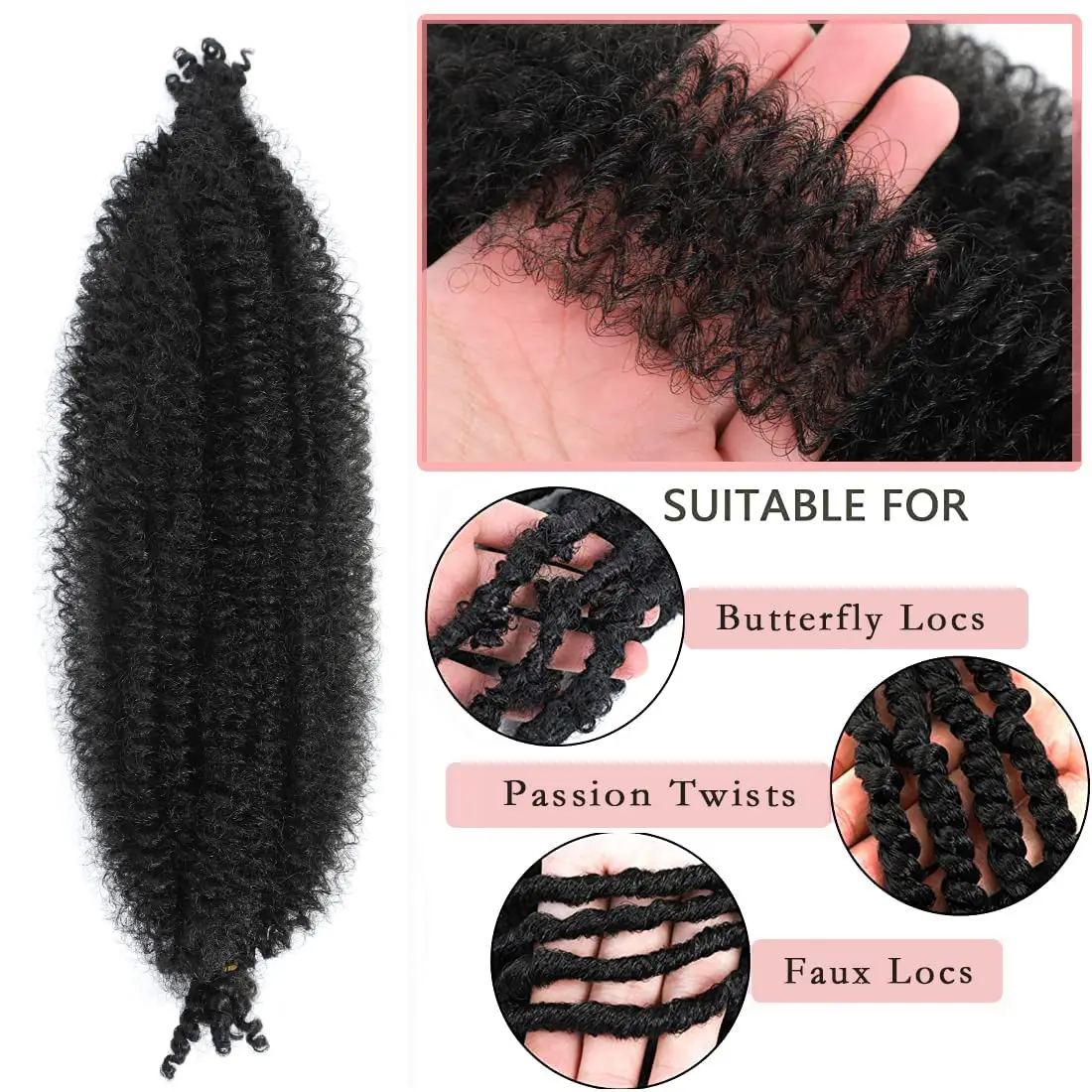 Vorgetrenntes, federndes Afro-Twist-Haar, 6er-Packung, schwarze, vorflauschige Naturlocken sind perfekt für Marley-Häkelhaar-Synthetik