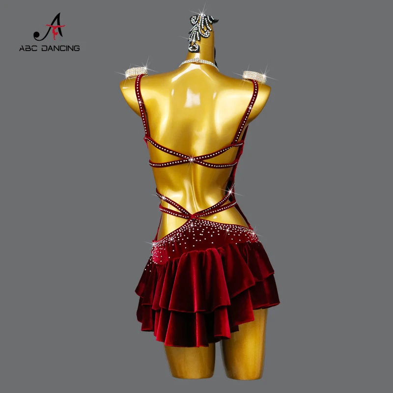 New Velvet Latin Dance Party Dress Sexy Adult Womens Short Skirt Ballroom Costume Cha-Cha Line Suit Girls Sport Party Customized