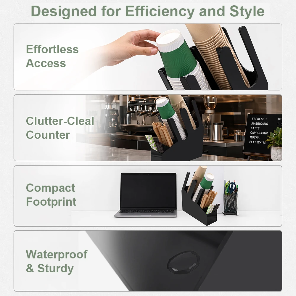Black Plastic Paper Cup Holder Countertop Storage Organizer Easy Assemb Disposle Cup Dispenser Stand For Cafe Restaurant