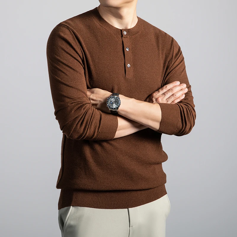 الرجال العصرية هنري طوق سترة 2025 الخريف الشتاء ليوسيل متماسكة الملابس أزرار الموضة الصوف مزيج تريكو البلوفرات البلوزات