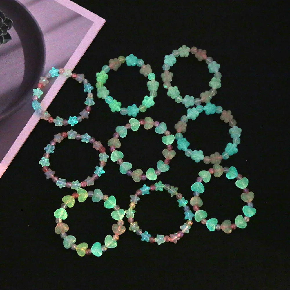 Meetvii 10pcs/pack Glow in The Dark Handmade Bracelet for Girls Colorful Transparent Flower, Heart & Star Beads Jewelry