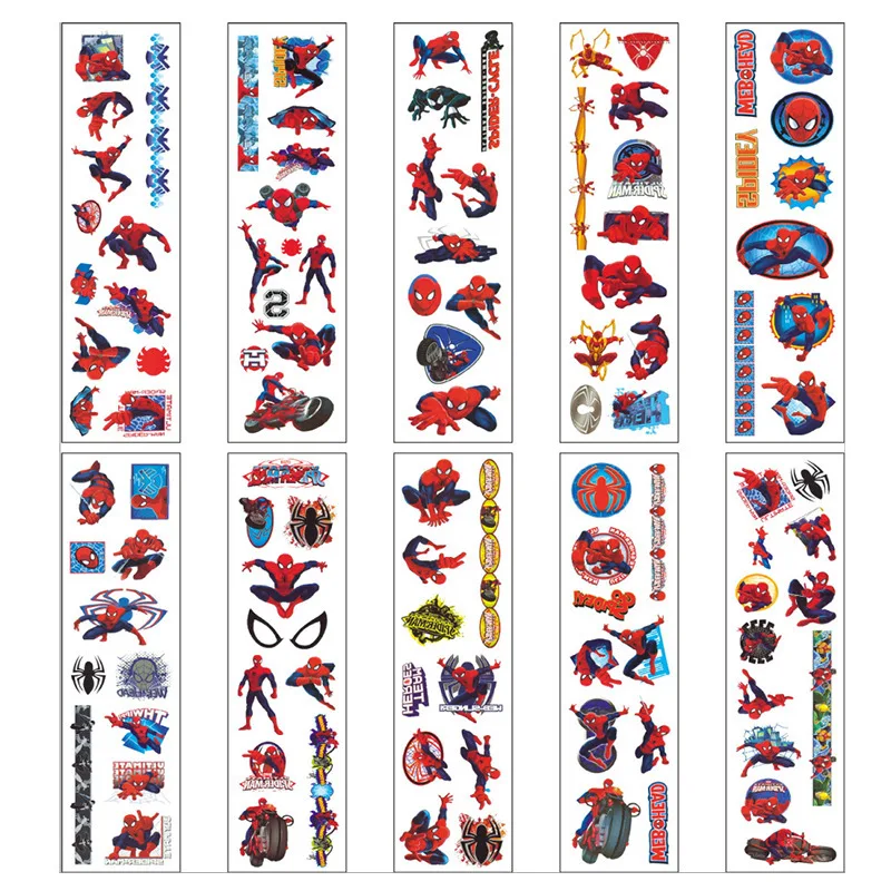 10Pcs/set New Marvel Spiderman Tattoo Stickers Anime Spider-Man Cartoon Tattoo Kids Birthday Party Gives Gifts Body Art