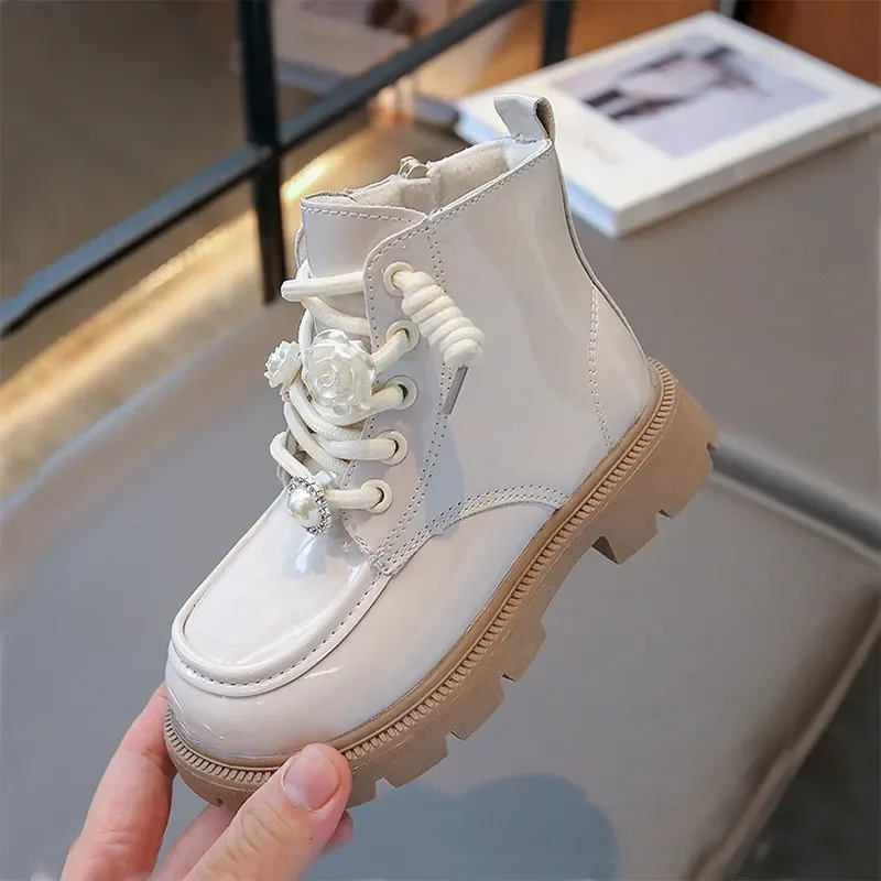 2024 Zip Shoes Kids Thin Plush Boots Girls' Ankle Boot Children  Winter Warm Fashion Girl Patent Leather Booties for Girls Shoe