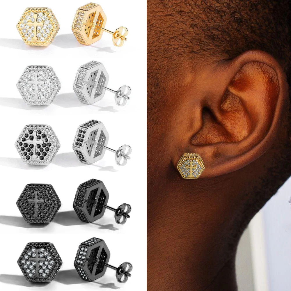 Homme Cross Imprint Earrings for Men Iced Out AAA+ Cubic Zirconia Gold Color Piercing Ear Stud Cool Hip Hop Jewelry Women OHE156