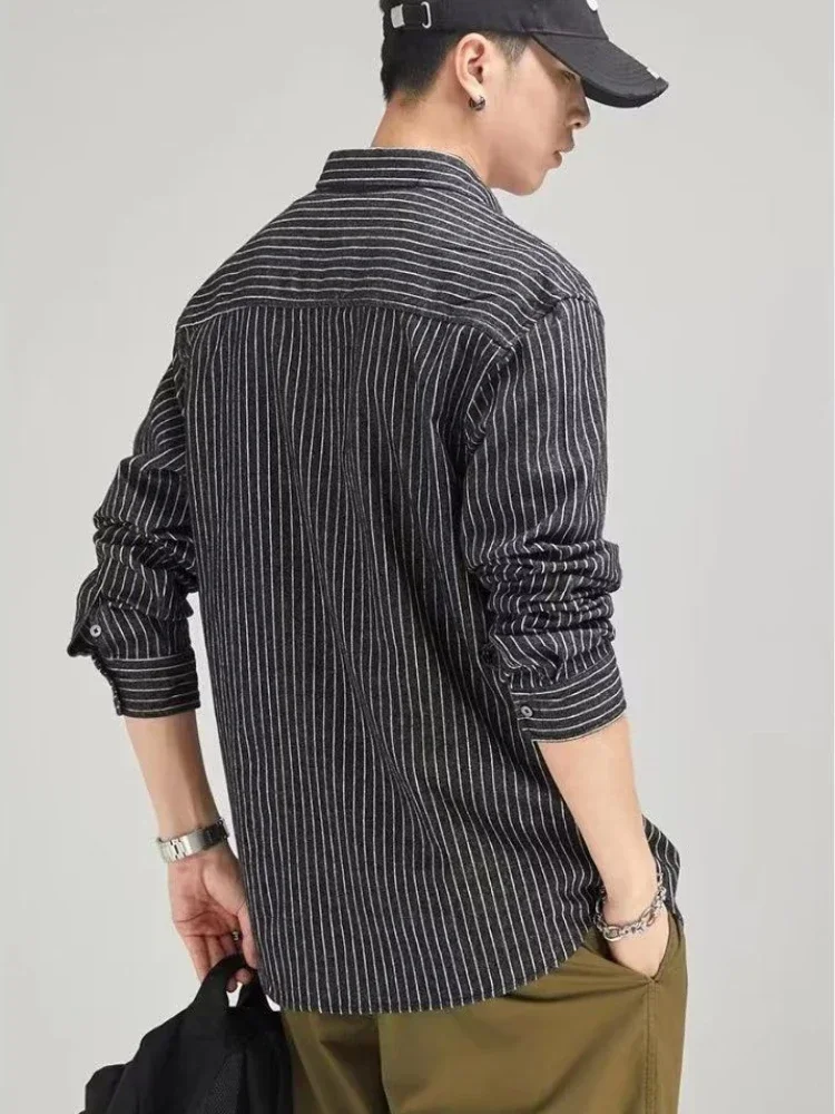 Men's Shirt Black With Pocket Striped Male Shirts Cheap Things Stylish Hot Korean Style Regular Collar Tops Xxl Luxury Social