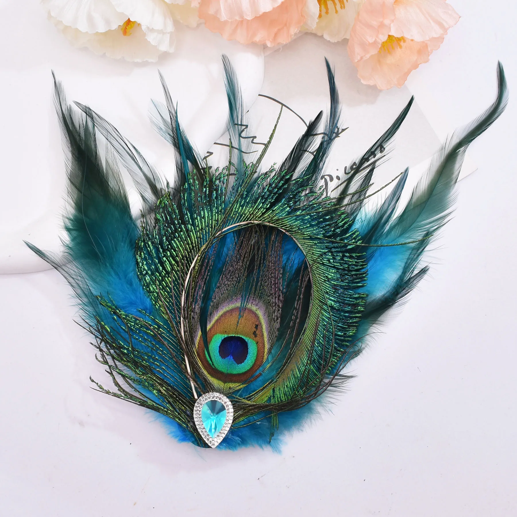 Women Peacock Feather Hair Clip with Blue Tears Rhinestone Latin Dance Party Fascinator Wedding Bridal Hair Fan-shaped Jewelry