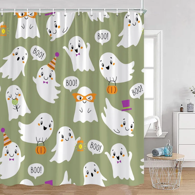 Cute Ghost Shower Curtains White Cartoon Spectre Halloween Bath Curtain Set Black Kids Home Bathroom Decor Polyester with Hooks