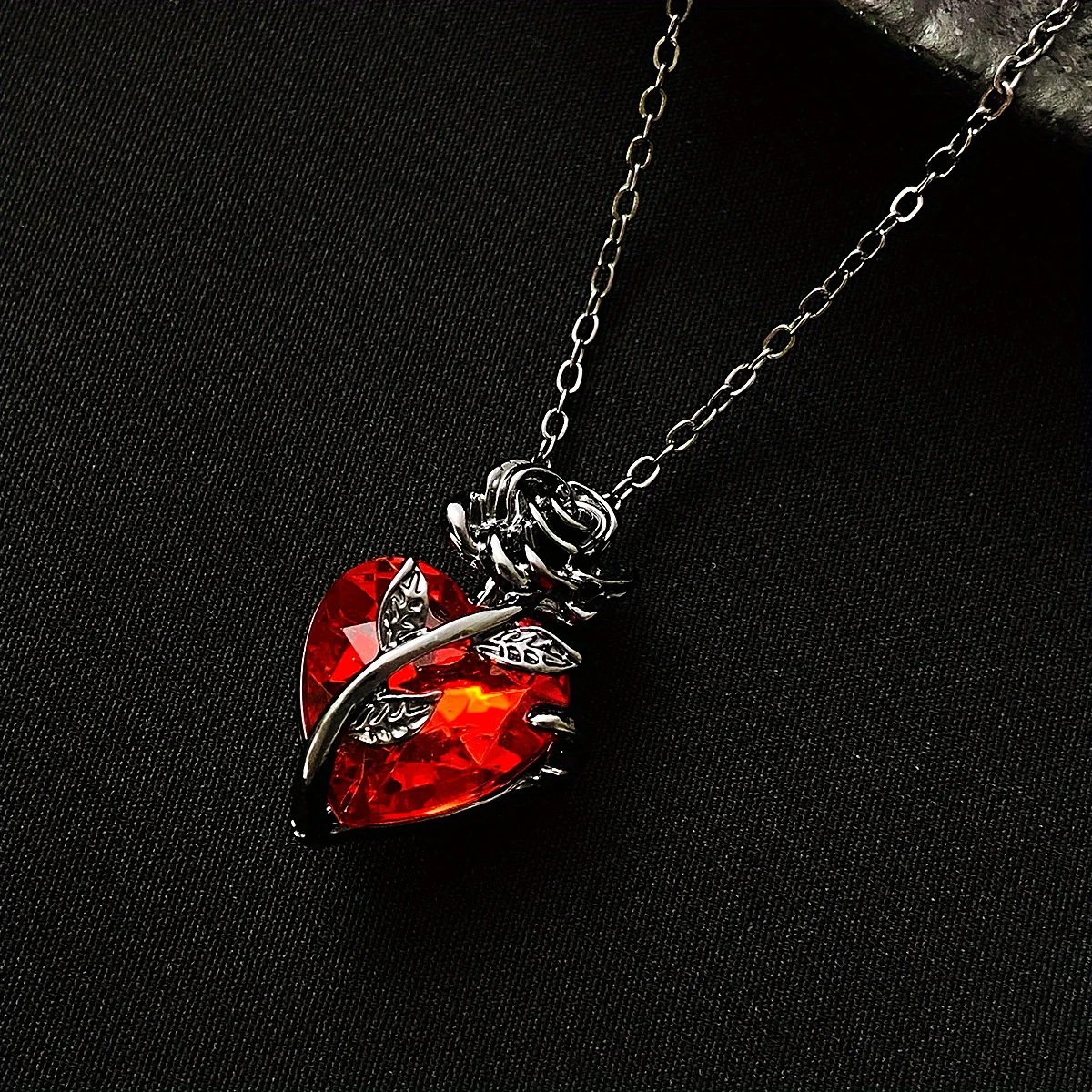 Gothic Dark Style Black Rose Wrapped Red Stone Peach Heart Pendant Necklace