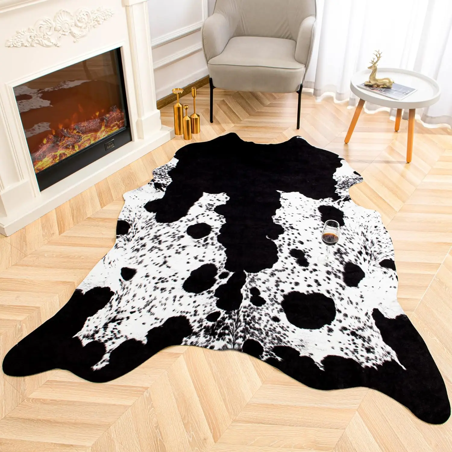 Faux Cowhide Rug 5.2 x 6.2 Feet, Cute Cow Hide Rug for Living Room Bedroom Western Home Decor Faux Fur Cow Print Rugs