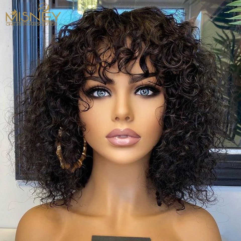 

Short Pixie Bob Cut Human Hair Wigs With Bangs Deep Curly Glueless Wig Cheap Brazilian Remy Human Hair Colored Wigs For Women