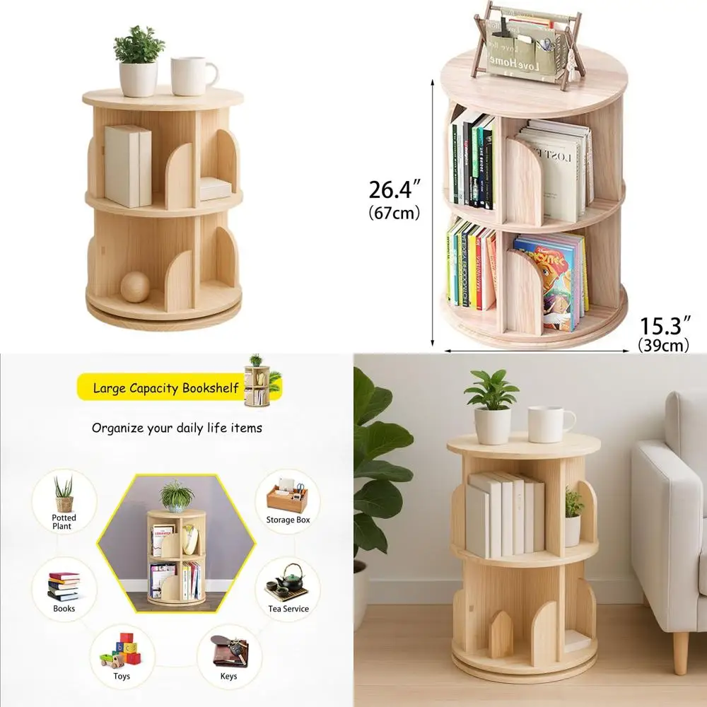 

Rotating 2-Tier Wooden Bookshelf with Storage for Office, Bedroom, and Living Room, Modern Design, Easy Assembly.