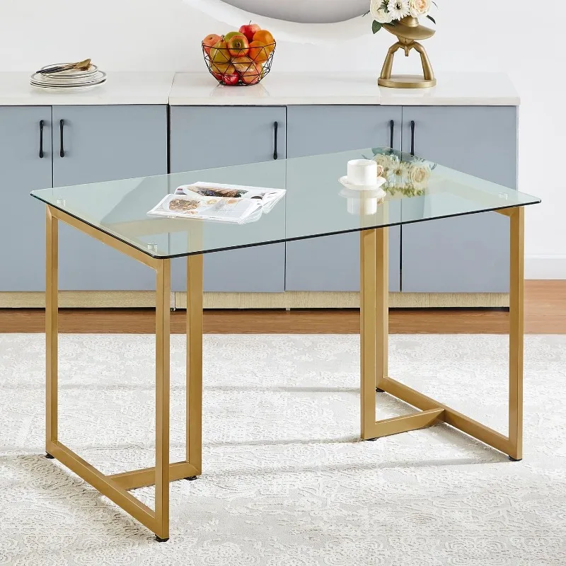 

47.2 Inches Modern Rectangular Dinner Table with Clear Tempered Glass Top & Golden Steel Legs for Home Office Kitchen