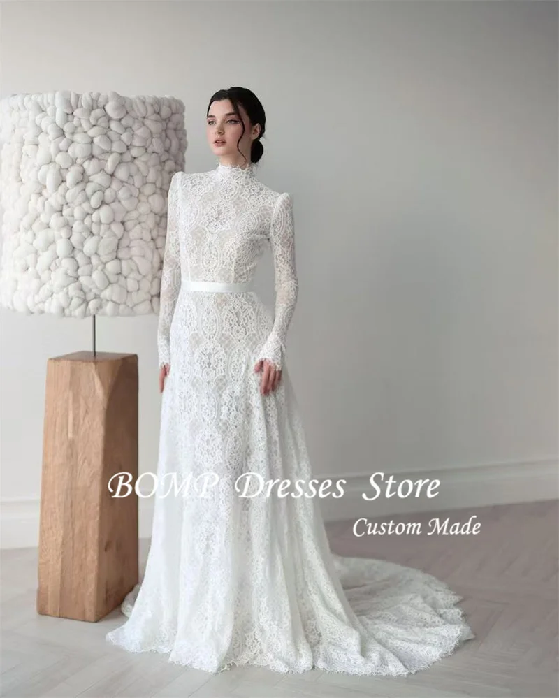 BOMP High Neck Long Sleeves Full Lace Wedding Dresses Modest Sweep Train Bridal Gowns Formal Dubai Arabic Women Customized