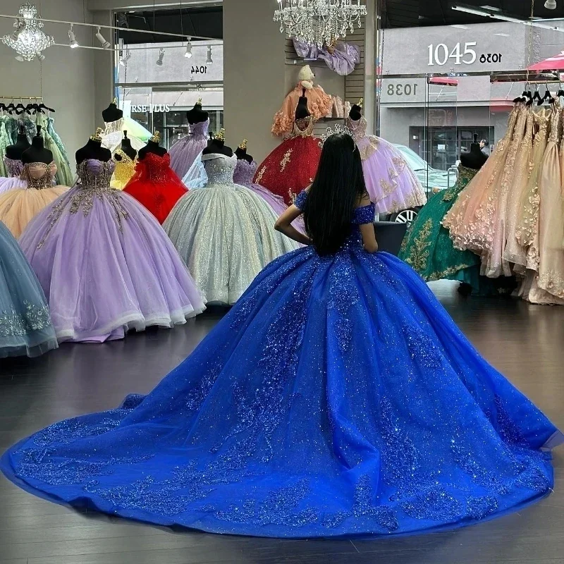 Sparkly สีน้ําเงินเข้ม Quinceanera ชุด Applique ลูกปัด Ball Gown ปิดไหล่วันเกิด Party Vestidos De 15 Anos ที่กําหนดเอง