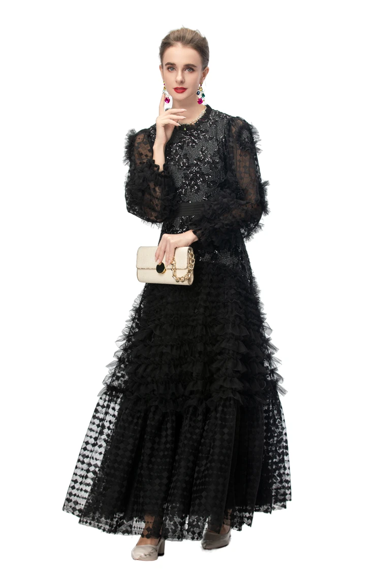 レディース ブラック スパンコール＆チュール ロングスリーブ マキシドレス - エレガントなラッフルレイヤードイブニングガウン、フィット感のあるウエストとシアーなベルスリーブ付き