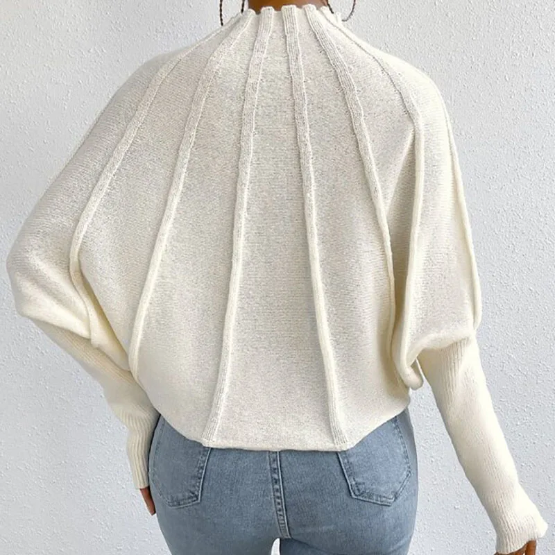 Solid Color Knitted Pullovers Women's Solid Color High Neck Bat Sleeve Sweater Autumn Winter Simple Loose Warm Ladies Tops